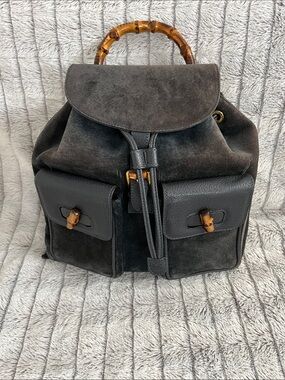 Gucci Charcoal Color Tom Ford Era Bamboo-Handle Leather and Suede Backpack